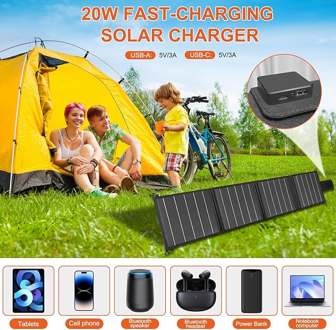 20W Portable Solar Panels Charger Foldable Solar Panel with Type C and USB A for Camping Backpacking Travel Fast Charging IP65 for iPhone,iPad,Power Bank,Camera,Power Station