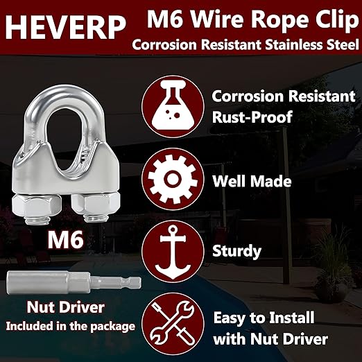 10Pcs M6 1/4 Inches Stainless Steel Wire Rope Clips Cable Clamp