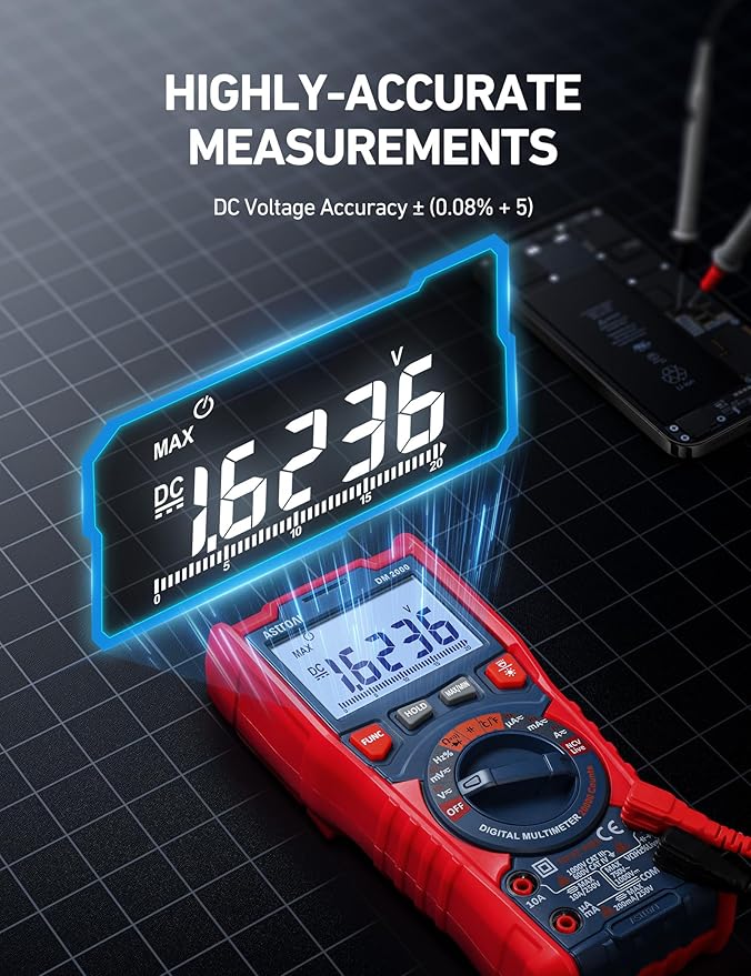 AstroAI Digital Multimeter Tester TRMS 20000 Counts with Higher Resolution Auto-Ranging Voltmeter; Accurately Measures Voltage Current Resistance Diodes Continuity Duty-Cycle Capacitance Temperature