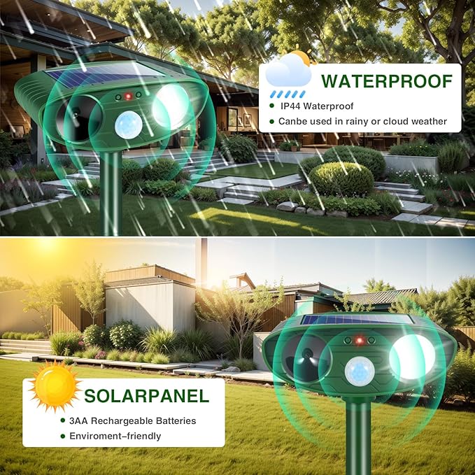 2Pack Solar Ultrasonic Animal Repellent Outdoor Rabbit Repellent Devices with Motion Detection&Flash Light Cat Repellent Keep Deer Raccoon Opossum Squirrel Away for Vegetable Garden Yard Lawn