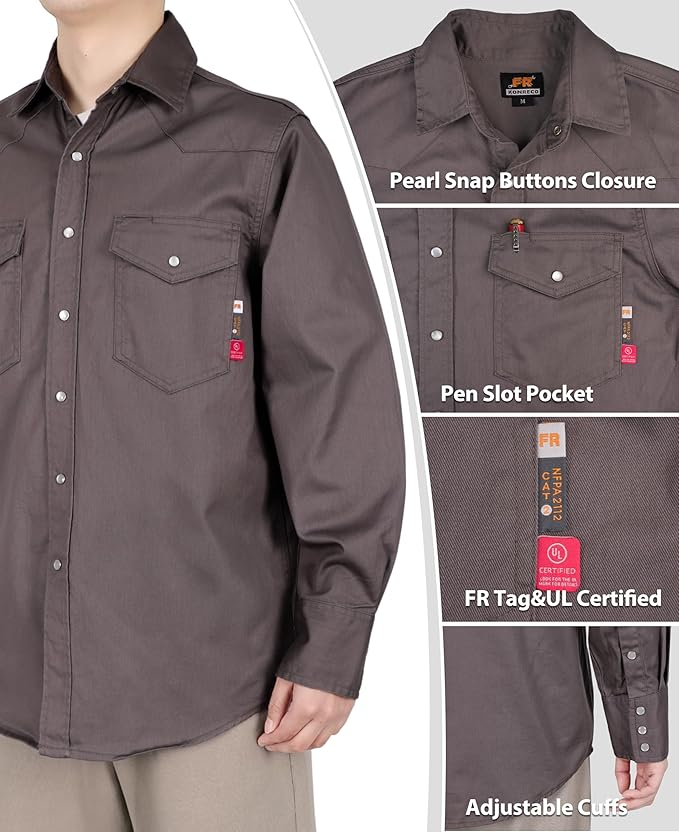 KONRECO FR Shirts for Men 6.5oz Lightweight Work Uniform Flame Resistant Welding Shirt/Water & Stain Repellent