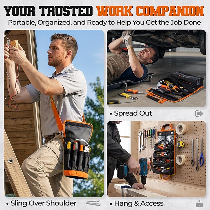 Roll Up Tool Bag, Heavy Duty See-Through Tool Roll Organizer with 2 Detachable Pouches, Portable Mechanic & Motorcycle Tool Bag, Birthday & Father’s Day Gift, Orange