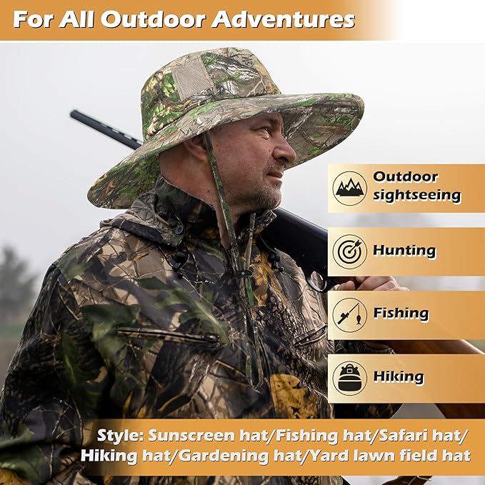 Men Safari Sun Hat Wide Brim Boonie Fishing Cap with Adjustable Drawstring