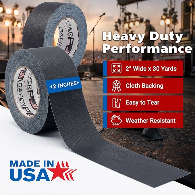 Gaffer Power Proudly Made in The USA, Real Professional Grade Gaffer Tape, Heavy Duty Gaffers Tape, Non-Reflective, Multipurpose Cord Tape. 2 Inches x 30 Yards, Black