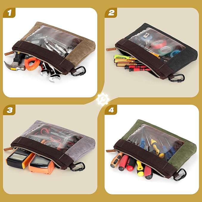4 Pack Heavy Duty Tool Pouch with Carabiner, 12” Canvas Tool Pouch Bag with Clear Window (4 Colors: Black, Gray, Green, Khaki)