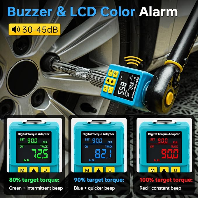 Upgrade 1/2" Digital Torque Adapter, (±1% Accuracy, 5-100Ft-lb), Precision Digital Torque Wrench Adapter with Color Display, Smart Alert, 1/4", 3/8" Converters for Auto, DIY & Home Repairs(135N.m)