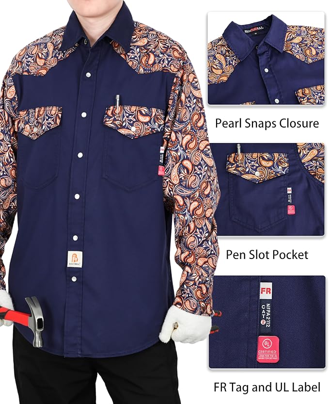 BOCOMAL FR Shirts Pearl Snaps Two Tone Plaid/Solid Flame Resistant Cotton Welding Shirt NFPA 2112 CAT 2