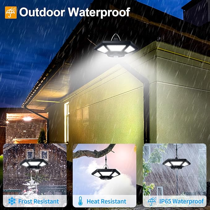 Solar Shed Light Indoor Outdoor Work in Daytime with Remote Control, 360° Lighting Waterproof Solar Indoor Lights with Motion Sensor/Timer/5 Modes for Home Garage Barn