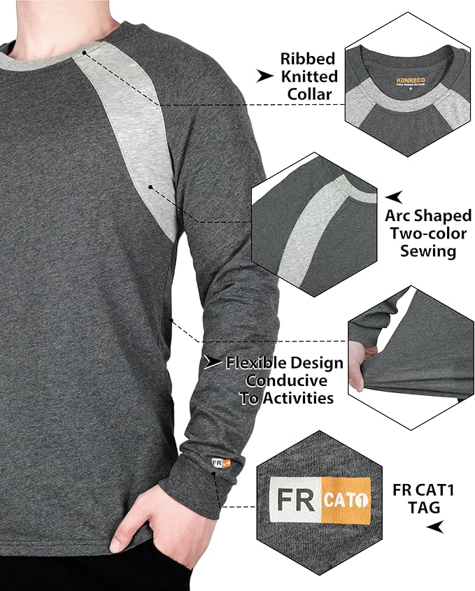 KONRECO FR Shirts for Men Summer Two Tone 4oz Lightweight Flame Resistant/Fire Retardant CAT1 Work T-Shirt Baselayer