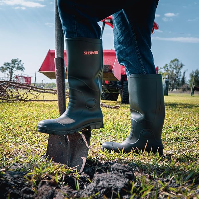 Showave Steel Toe Rubber Work Boots for Men Waterproof Durable Concrete Boots for Hunting Manufacturing Construction