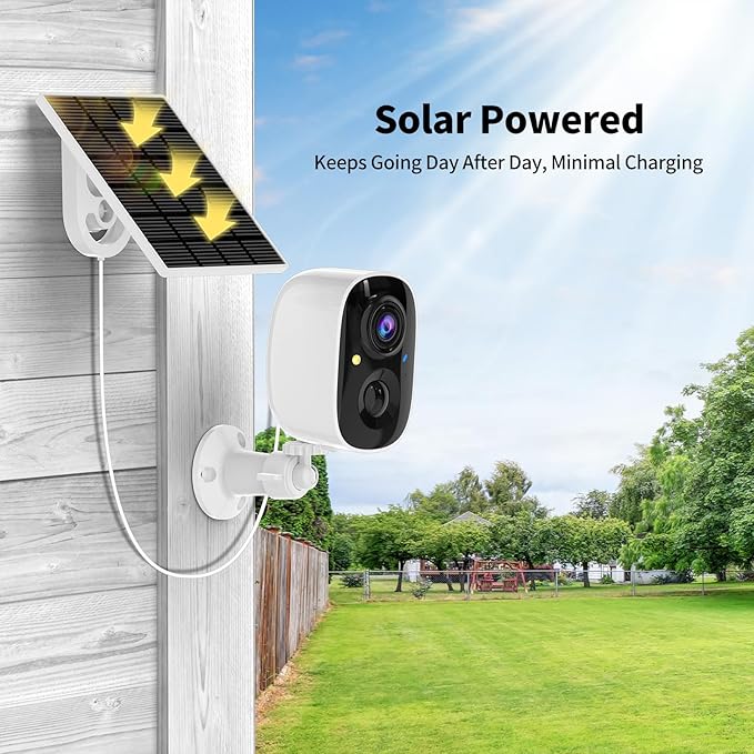 2K FHD Smart Wireless Security Camera Outdoor,Solar Powered WiFi Camera for Home Security with Color Night Vision, Motion Detection, 2-Way Audio, Weatherproof, Cloud/SD Storage (2.4GHz Only)