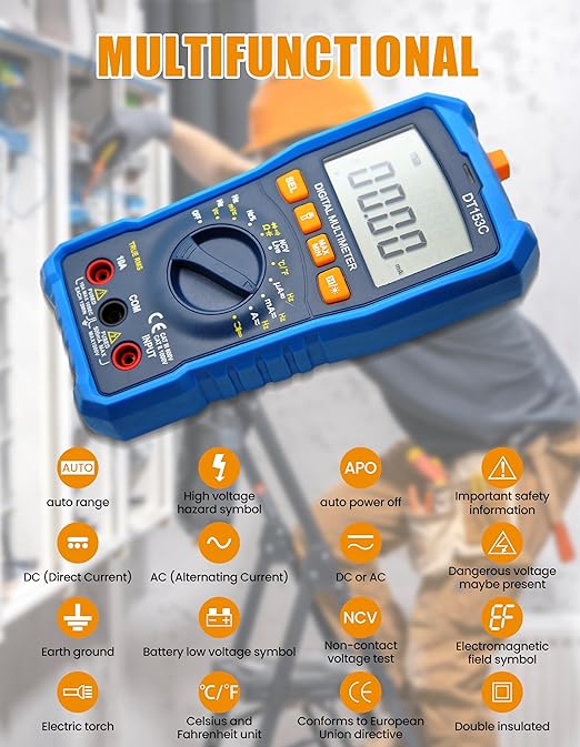 Digital Multimeter Tester Portable Multimeter with Backlight Multi Testers with Electric Torch Function Smart Multi Meter for Electrical Applications Measures Voltage and More (Model DT153C)
