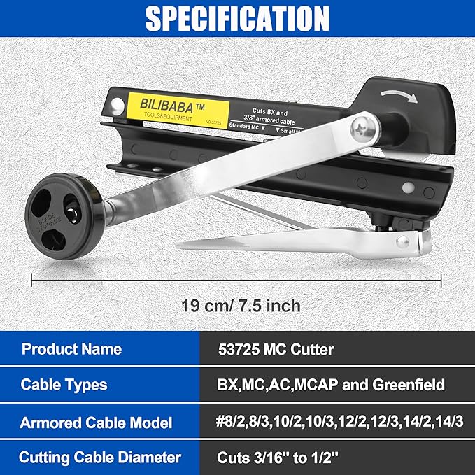 53725 Armored and BX Cable Cutter, Easy-Assembly MC Cable Cutter with Durable Blade 2.0, Cuts 3/16" to 3/8" Armored Cable-BX-AC-MC-Greenfield, With Blades Storage