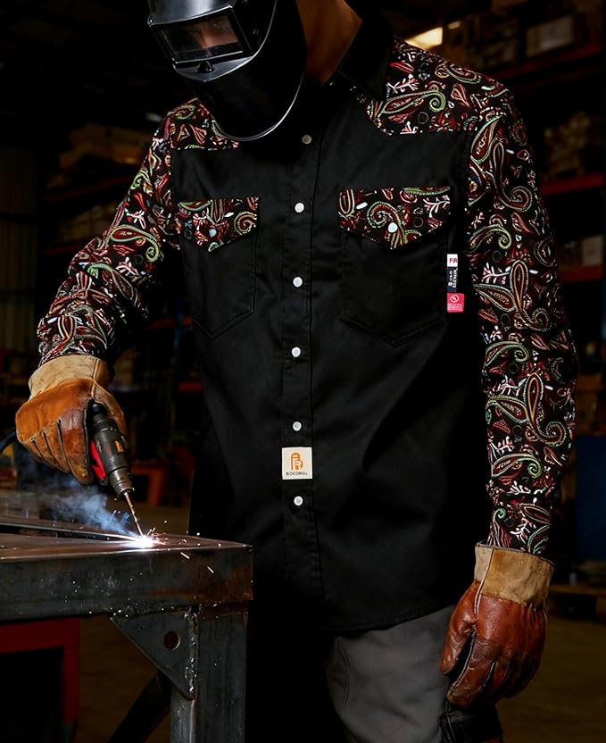 BOCOMAL FR Shirts Pearl Snaps Two Tone Plaid/Solid Flame Resistant Cotton Welding Shirt NFPA 2112 CAT 2