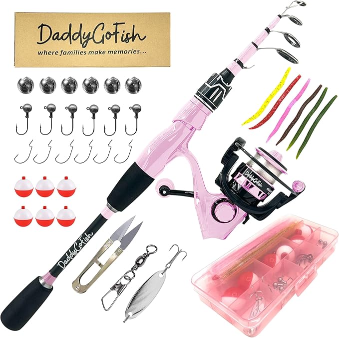 DaddyGoFish Spinning Fishing Rod and Reel Combo Set with Tackle Box | Kids Fishing Pole | Carbon Fiber Telescopic Fishing Rod Kit | Spinning Reel for Travel Saltwater Freshwater Fishing Gear Kit