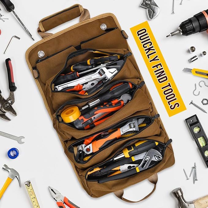 Tool Bag, Tool Bags for Men, Heavy Duty Tool Organizer, Portable Roll Up Tool Bag Gifts For Him, Mechanic, Electrician and Hobbyist, Car Tool Roll Organizer - Khaki