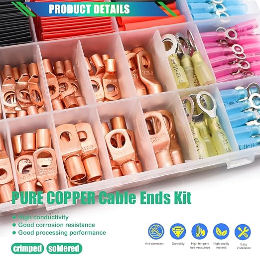 Twidec/180PCS Battery Cable Ends AWG 2 4 6 8 10 12 14 16 Gauge Copper Cable Wire Lugs,Ring Terminals Connectors,Copper Ring Terminals Connectors with Heat Shrink and Hammer Lug Crimper Tool