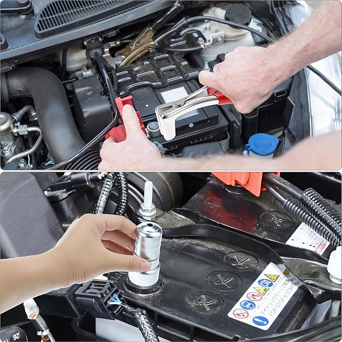 QWORK Battery Terminal Pliers & Cleaner Brush Kit (3-Piece) – Terminal Spreader Pliers with 2 Stainless Steel Battery Post Cleaning Brushes for 6V/12V Car Automotive Maintenance