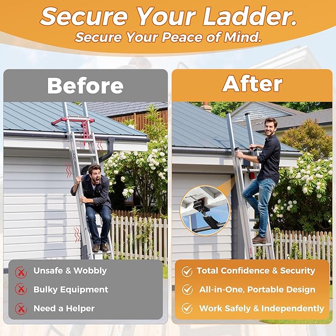 Ladder Stabilizer for Ladder Safety, Lockjaw Ladder Grip & Anti-Slip Fall Protection Kit, Ladder Gutter Guard with 2FT & 3FT Ladder Straps,Ladder Accessories for Maximum Safety