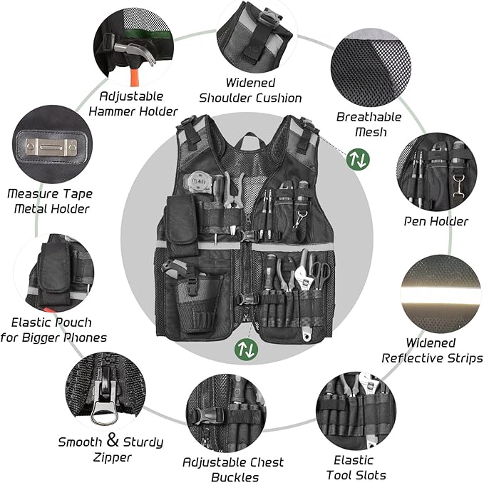 Electrician Tool Vest for Men, Reflective Safety Work Vest with Adjustable Thick Straps, Removable Phone Holder for Electrical, Carpenters, Construction, 22 Pockets