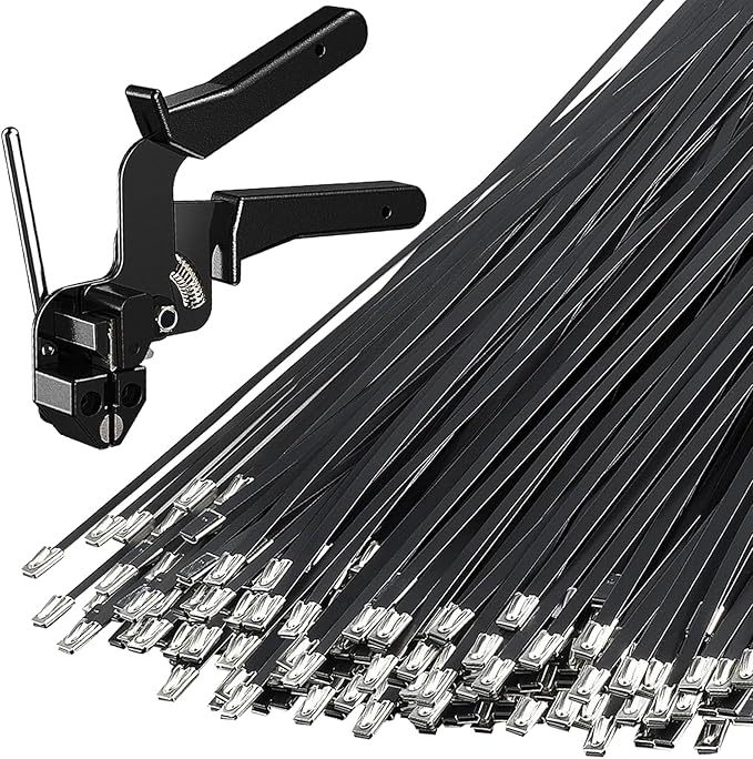 200PCS Heavy-Duty Metal Zip Ties with Cable Tie Gun for Fastening and Cutting, 11.8 Inch UV-Resistant Black Stainless Steel Ties for Fence, Pipe, Exhaust, Vehicle & Farm Use