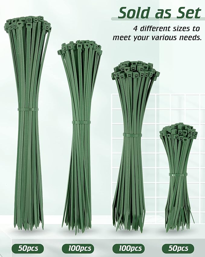 PA66 Green Zip Ties, 300pcs 12+10+8+4 Inch Heavy Duty Cable Zip Ties, Premium Self-locking Nylon Cable Plastic Ties Decoration Tie Wraps for Christmas Tree Gardening Plants Fence Grid Wall, Green