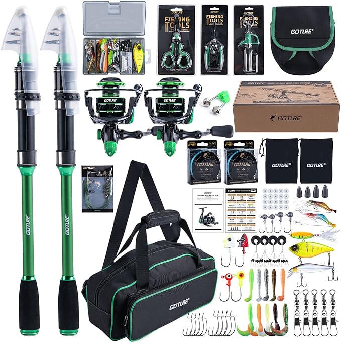 Goture Fishing Poles and Reels Combo - Green Telescoping Fishing Rod Portable Travel Kit with Carrier Bag for Freshwater Saltwater