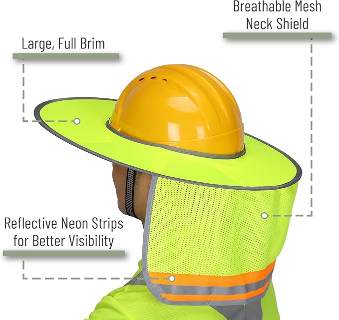 UNCO Industrial Hard Hat Sun Shield, 3 Pack, Yellow, Mesh Sunshade, Reflective, Snap Closure, Hard Hat Accessory