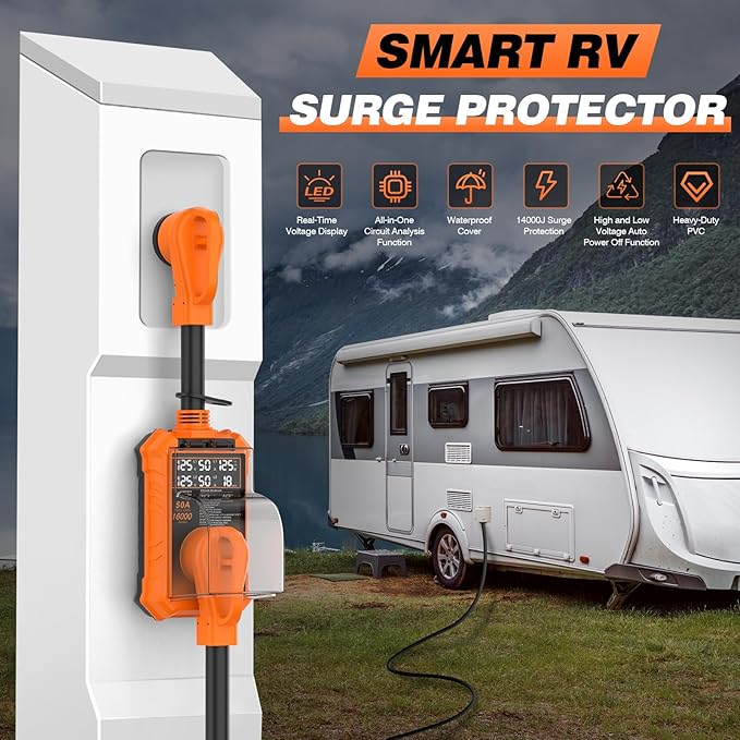 RV Surge Protector 50 Amp, 16000 Joules Protection, Automatic Over/Under Voltage & Temperature Shutoff, 6-in-1 Smart Display for RV Safety, UL Certified, Compatible with Campers, Travel Trailers