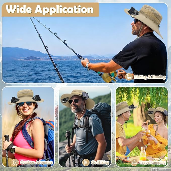 Berlune Men Sun Hat with 2 Solar Fans Wide Brim Outdoor Fishing Hat USB & Solar Powered for Sun Protection Camping Hiking