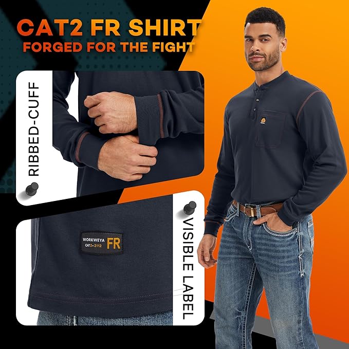 WORKWEYA FR Shirts for Men 6.5 oz Flame Resistant Long Sleeve Henley Shirt NFPA 2112/CAT2