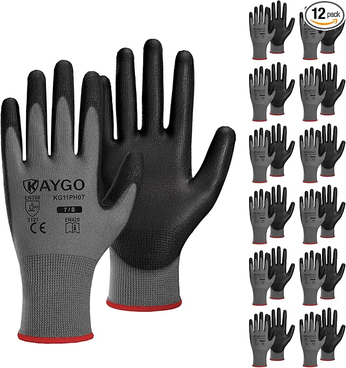 KAYGO Work Gloves for Men and Women,12 Pairs Seamless Knit PU Coated Safety Gloves, with Smooth Grip on Palm and Fingers, Ideal for Light Warehouse, Manufacturing, Gardening, KG11P (S,Gray)