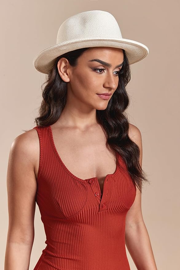 Joywant Womens Straw Fedora Beach Sun Hat, Packable Wide Brim Panama Hat for Women UV UPF50+ Summer Hat