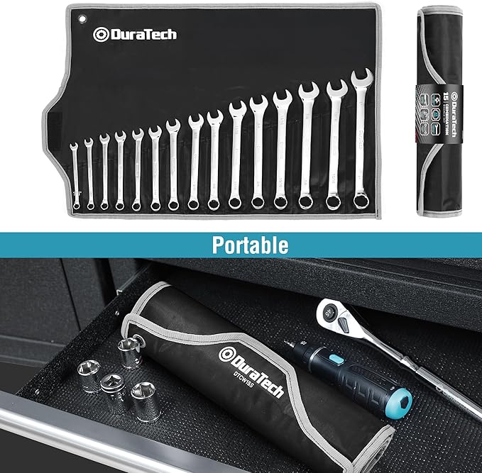 DURATECH Combination Wrench Set, SAE, 15-Piece, 1/4" to 1", 12-Point, CR-V Steel, with Rolling Pouch