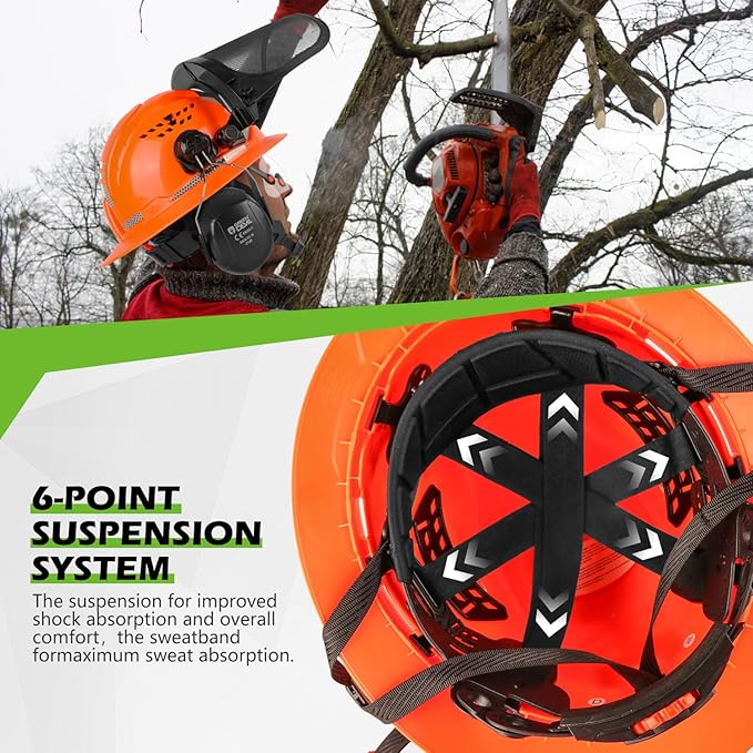 GREEN DEVIL Industrial Chainsaw Helmet with Face Shield Built in Visor and Ear Muffs 4 in 1 System ANSI Z89.1 Safety Hard Hat Adjustable Headgear Ideal for Forestry and Arborist Work Full Brim Style