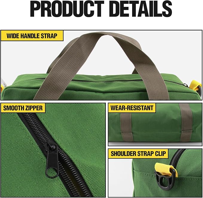 Small Tool Bag, Canvas Tool Storage Bag, Large Capacity Multipurpose Zipper Soft Tote Organizer Pouch for Electrician, Plumbing, Gardening,Tools Bags for Men (Green, 14 Inch)