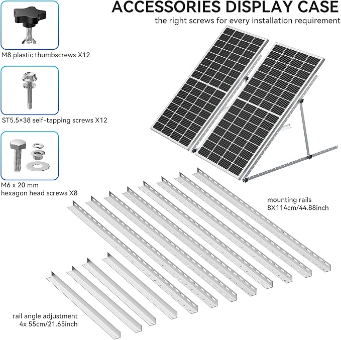 45in 2 Set Adjustable Solar Panel Tilt Mount Brackets, Anodizing Foldable Tilt Legs, Support 100 200 300 400 Watt Solar Panels 1-2Pcs, Solar Panel Stand for Roof, Off-Grid, RV and Boat