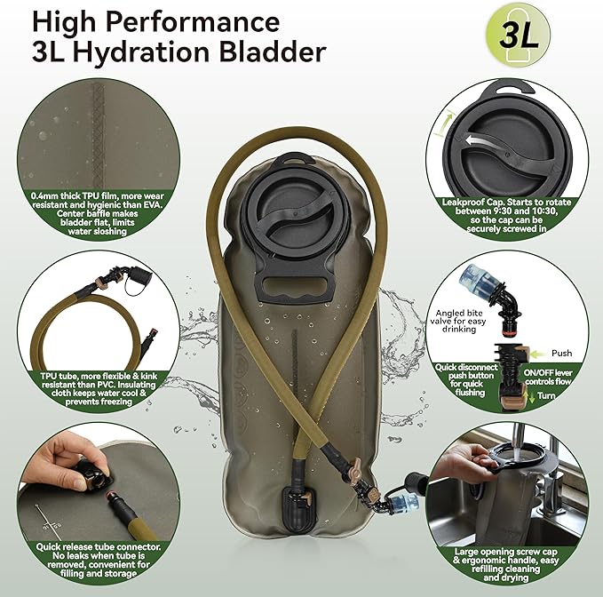 MARCHWAY Tactical Molle Hydration Pack Backpack with 3L TPU Water Bladder, Military Daypack for Cycling, Hiking, Running, Climbing, Hunting, Biking