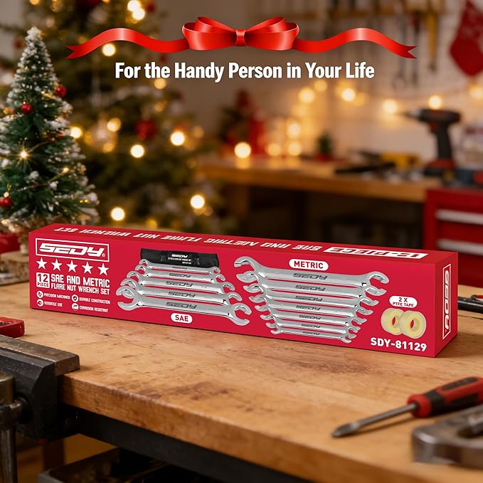 SEDY 14-Piece Flare Nut Wrench Set with PTFE Tape, Metric & SAE Brake Line Wrench Offset 1/4"-7/8"& 9-21mm Set Double Open End with Organizer Pouch for Repairing and Removing Nuts