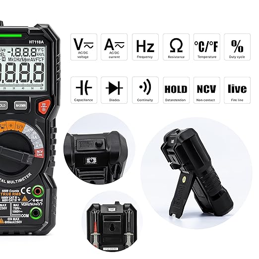 KAIWEETS Digital Multimeter TRMS 6000 Counts Voltmeter Auto-Ranging Fast Accurately Measures Voltage Current Amp Resistance Diodes Continuity Duty-Cycle Capacitance Temperature for Automotive