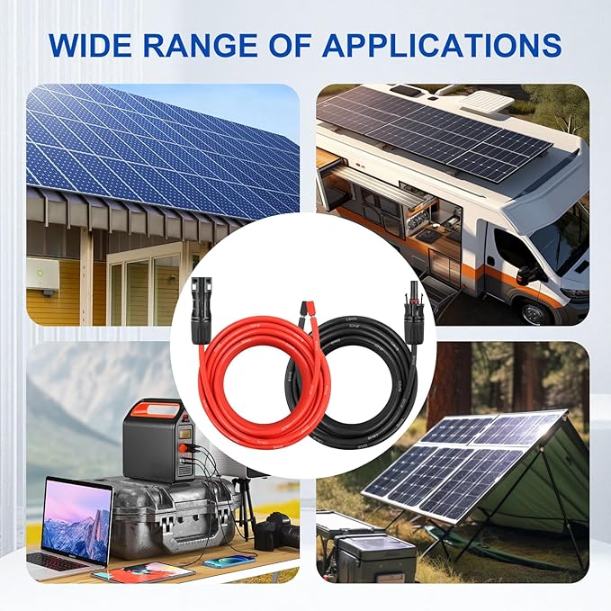 8AWG Solar Extension Panel Cable - 3FT PV Wire with Waterproof Female and Male Connector and Adaptor Kit Tool PV Wire for RV, Home, Boat, Solar Panels(3feet Red + 3feet Black)