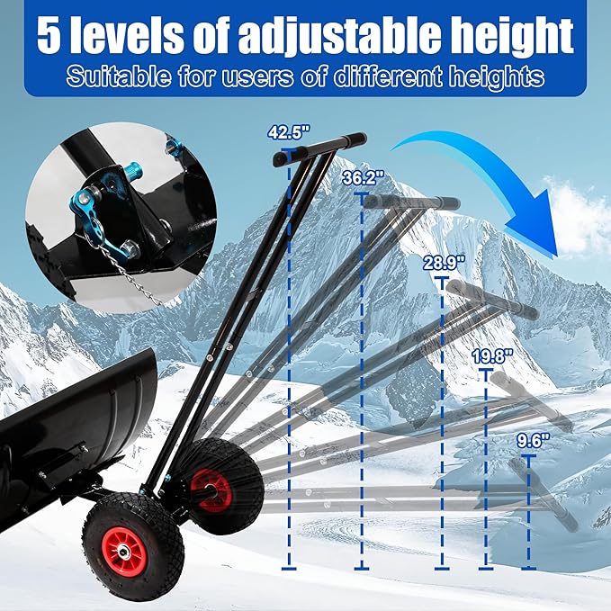 Snow Shovel with 2 Wheel(10 inch), 29in Heavy Duty Snow Plow Hand Pusher for Driveway, 5 Level Adjustable Blade Angle & Height Ergonomic Handle, Sidewalk and Pavement Clearing