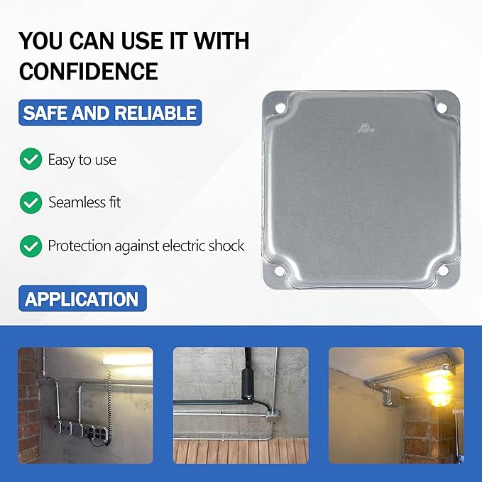 4 Inch No Hole Electrical Box Square Exposed Work Cover, Electrical Box Junction Box Cover for 4 x 4 Inch Metal Receptacle Electrical Box（pack of 2)