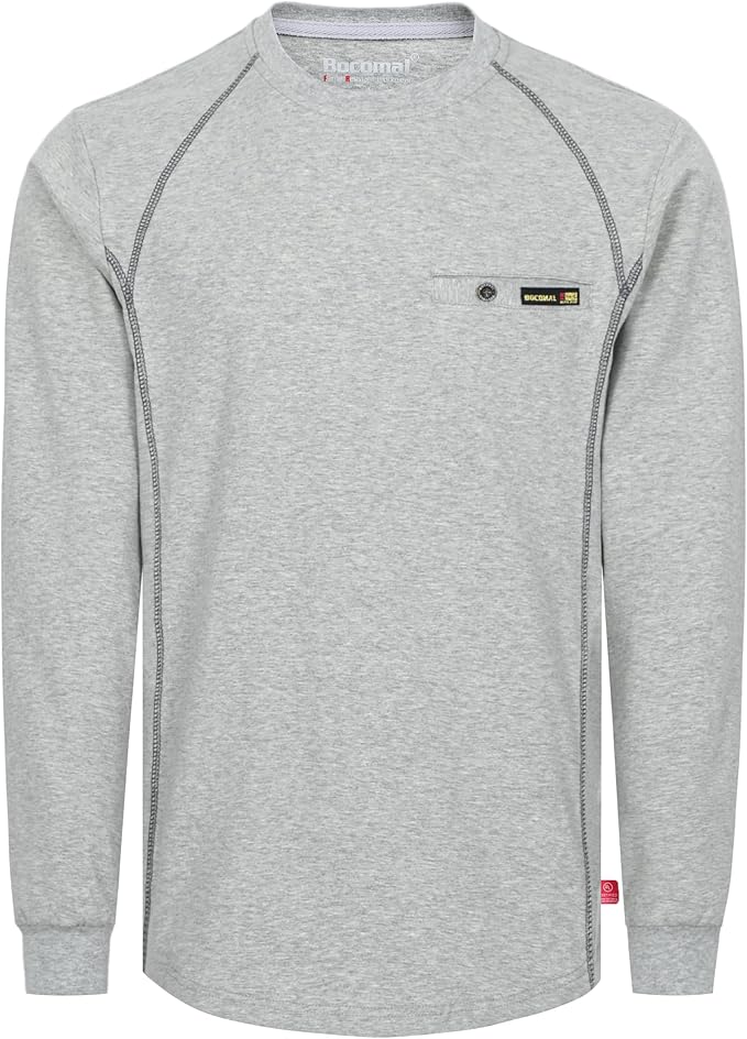 BOCOMAL FR Shirts for Men Melt Pocket Lightweight Crew T-Shirt NFPA2112/CAT2 Fire Resistant Work Shirt