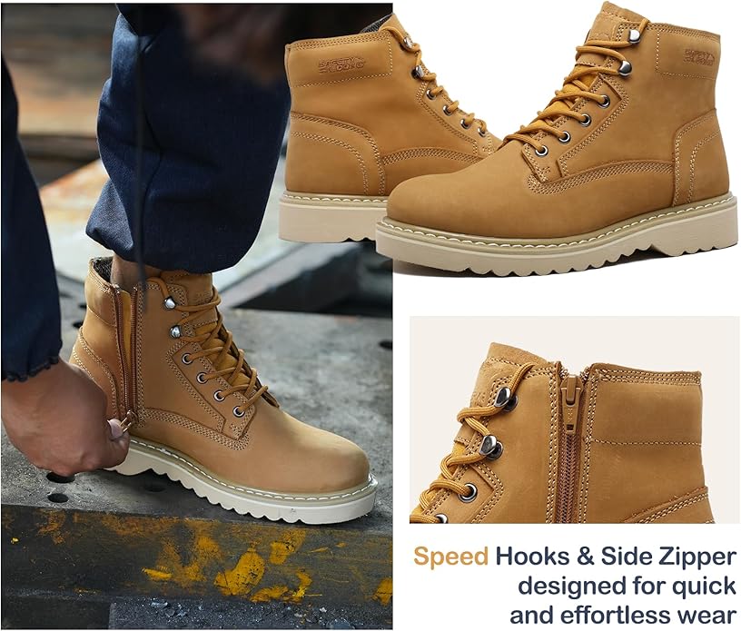 Side Zipper Soft Toe Work Boots for Men 6" with Welt Construction, Lightweight Utility Nubuck Leather Shoes, Featuring Speed Hooks, Slip & Water Resistant Mens Ankle Workboots