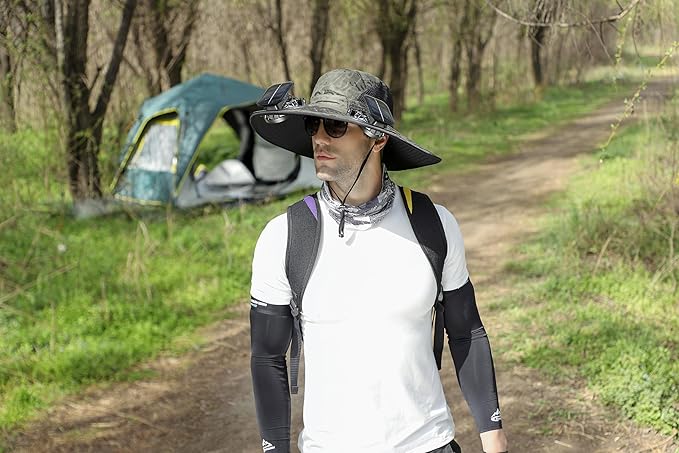 Solar Fan Hat Rechargeable 2Detachable Solar Fans,Water-Repellent Wide Brim Bucket Hat, Outdoor Camping Hiking Golf Sun Hat