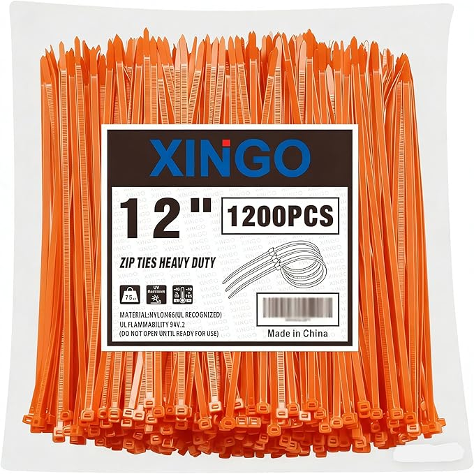XINGO 12 Inch Orange Zip Ties 1200 PCS, 75 LBS Ultra Strong Tensile Strength, UV Resistant Cable Ties, Self-locking Plastic Ties for Indoor and Outdoor Use