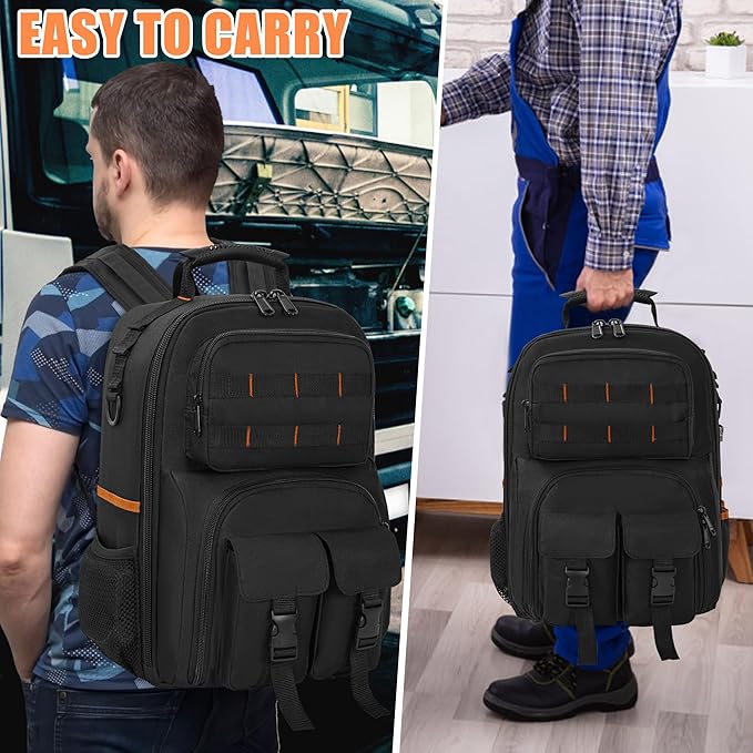 Tool Backpack, Heavy Duty Tool Bag with Padded Shoulder and Removable Tool Organizer, Water-Resistant Work Backpack, for Electrician, Plumber, HVAC, Cable Repairman, Black & Orange