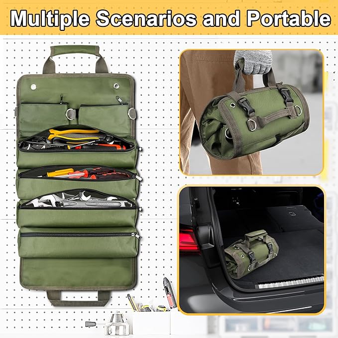 Tool Bag Organizer Roll Up: Gifts for Men Fathers Day Dad Gifts for Him Boyfriend Husband Birthday Portable Motorcycle Tool Box Woodworking Gift for Mechanic Craftsman Electrician Rollup Toolbag