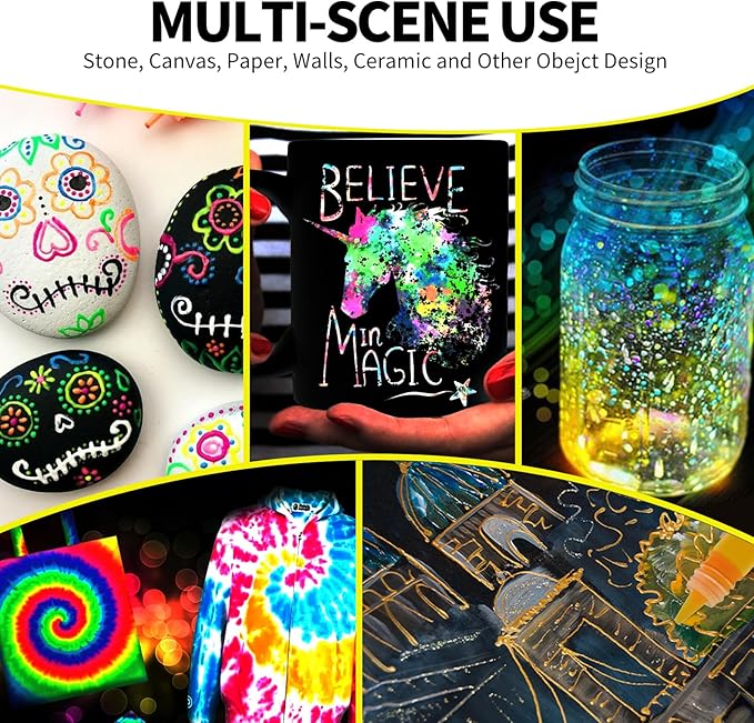 Glow in the Dark Acrylic Paint - Set of 12 Colors, Uv Reactive Blacklight Paints for Painting Outdoor and Indoor Decoration - Fluorescent Paint Kit for Canvas Art Supplies for Easter Chrismas Painting